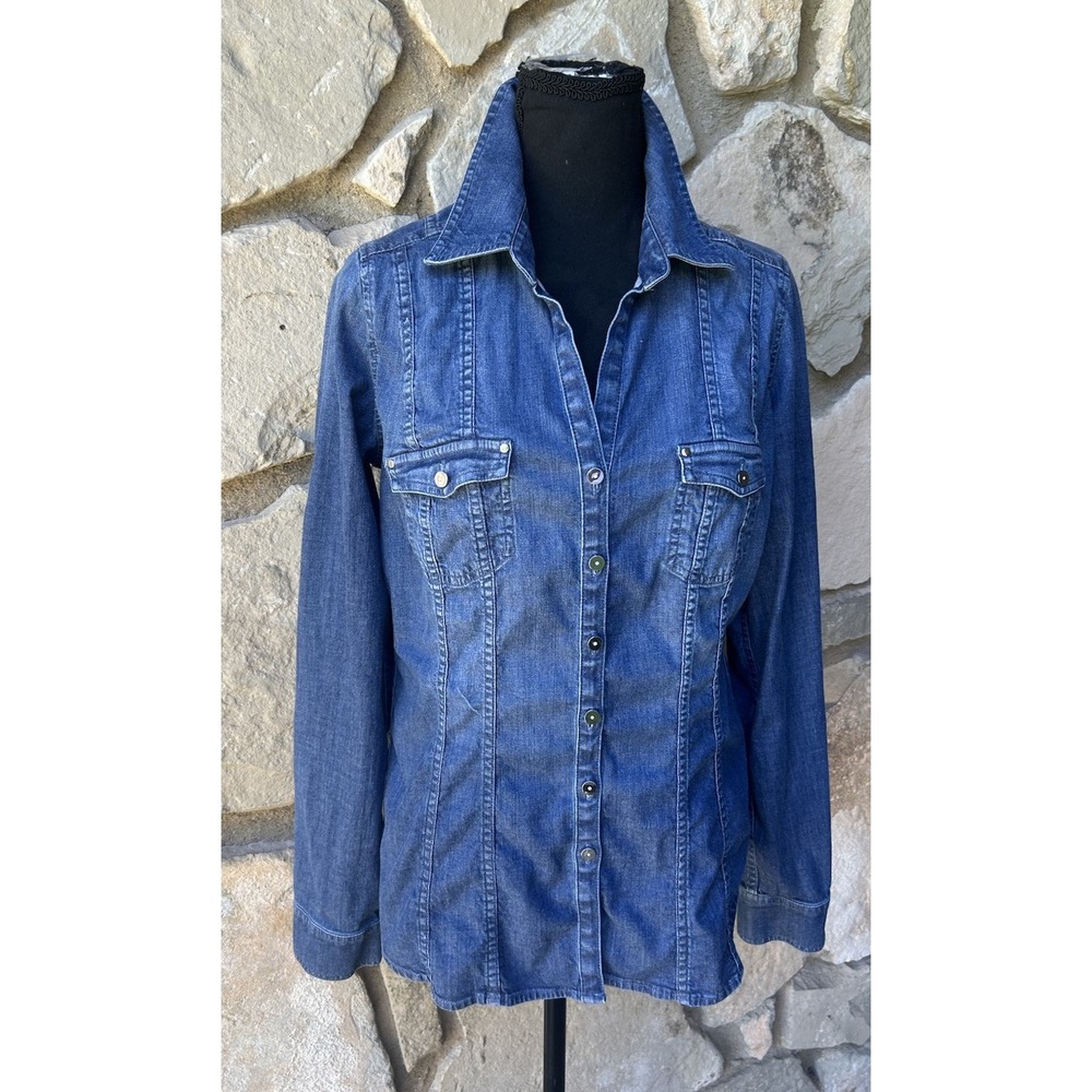 White House Black Market Denim Shirt Size 8 Blue Front Pockets Seam Detailing EC